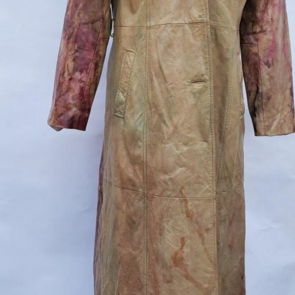 Vintage leather long trench jacket Coat gray beige tan brown 6 8 10 medium camo - Picture 9 of 13